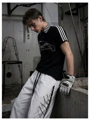 NOMANIAI Y2K Pure Cotton Polo Shirt with Piano Key and Musical Note Print and Collar.