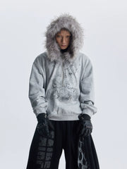NOMANIAI Fuzzy Hooded Printed Half-Zip Sweatshirt – Loose Cropped Top.