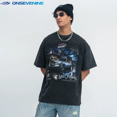 ONIVENINE White Ink Direct Spray Printed American Trendy Brand Washed Vintage Small Collar Short Sleeve T-shirt