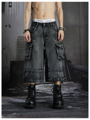 NOMANIAI Washed, distressed, loose-fit cropped pants with multiple pockets.
