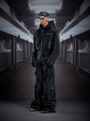 NOMANIAI Multi-pocket, layered-style straight-leg leather trousers (floor-length).