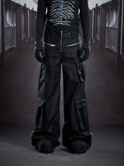 NOMANIAI Multi-pocket, layered-style straight-leg leather trousers (floor-length).