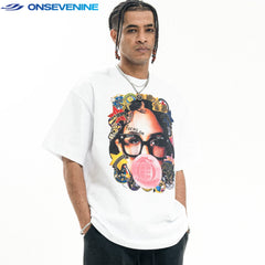 ONIVENINE American fashion brand short sleeved T-shirt for men and women in summer, direct spray printed loose cotton 300g small collar