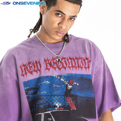 ONSEVENINE American street wash retro gradient 300g small neckline short sleeve T-shirt men's summer loose China-Chic