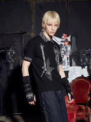 NOMANIAI Oversized Leopard-Print Polo Shirt with Punk Guitar Graphic.