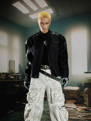 NOMANIAI Cropped stand-collar moto jacket with PU leather paneling and zip closure.