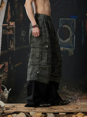 NOMANIAI Convertible-Cuff Loose Straight-Leg Camo/Denim Streetwear Pants.