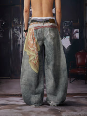 NOMANIAI 3D-printed color-block tie-detail layered wide-leg streetwear trousers.