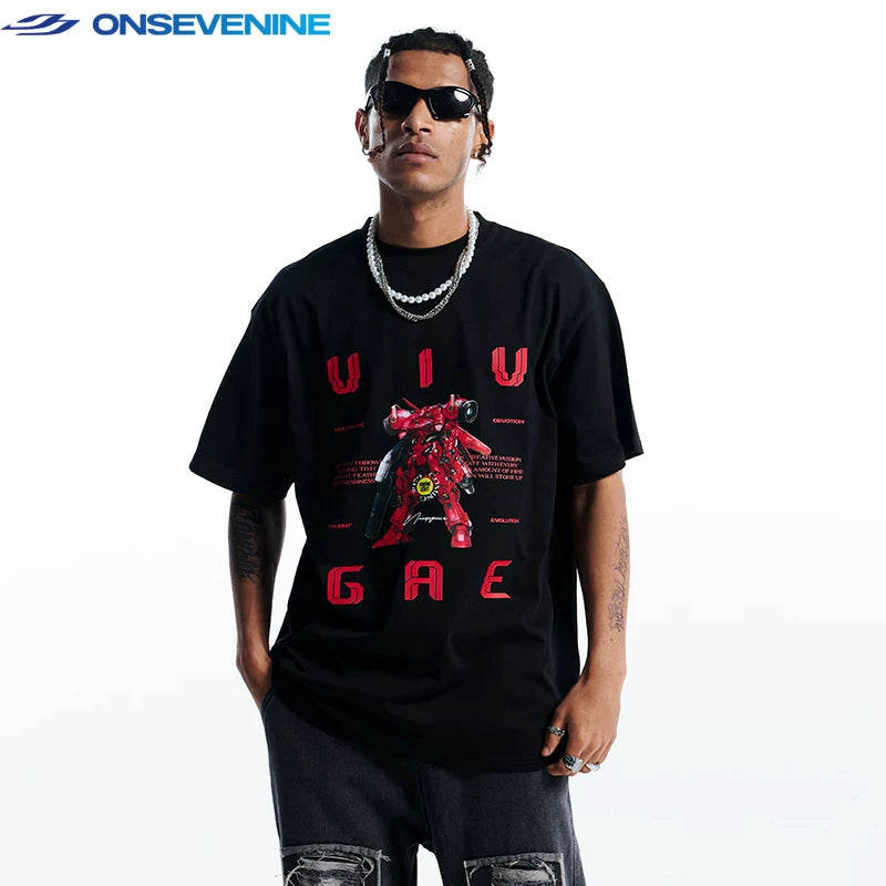 ONSEVENINE China-Chic Hip Hop Street Heavyweight Cotton Small Neckline Short Sleeve T-shirt Male Summer Couple American Retro