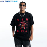 ONSEVENINE China-Chic Hip Hop Street Heavyweight Cotton Small Neckline Short Sleeve T-shirt Male Summer Couple American Retro