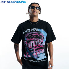 ONS VENINE Small Collar 280g Heavy duty Cotton American Street Retro Direct Spray Printed Short Sleeve T-shirt for Men Summer