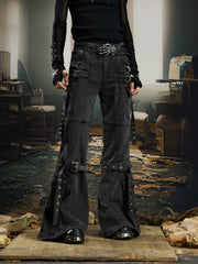 NOMANIAI Y2K-style flared jeans with ribbon details.