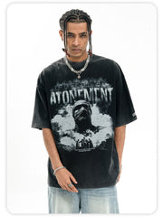 ONSEVENINE Black short-sleeve T-shirt in washed, vintage-style pure cotton.