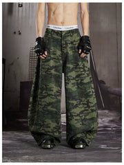 NOMANIAI Rhinestone-Embellished Vintage Camouflage Lantern-Cut Denim Jeans.