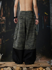 NOMANIAI Convertible-Cuff Loose Straight-Leg Camo/Denim Streetwear Pants.