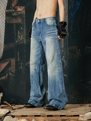 NOMANIAI Distressed American Streetwear Lightning-Wash Vintage Indigo Loose-Fit Jeans.
