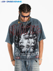 Onsevenine Original Printed Small Collar Summer Shoulder Down T-shirt 300g Heavy Cotton Short Sleeve Loose Short Style