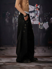 NOMANIAI Y2K Cut-out Metal Wide-Leg Curved-Seam Jeans with Detachable Chain.