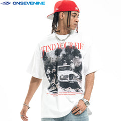 ONS VENINE American Hip Hop Street 300g Heavy Cotton Small Collar Trendy Brand Loose Short Breath T-shirt for Men Summer