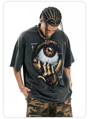 ONSEVENINE Street-style vintage-wash graphic short-sleeve tee with a small neckline.
