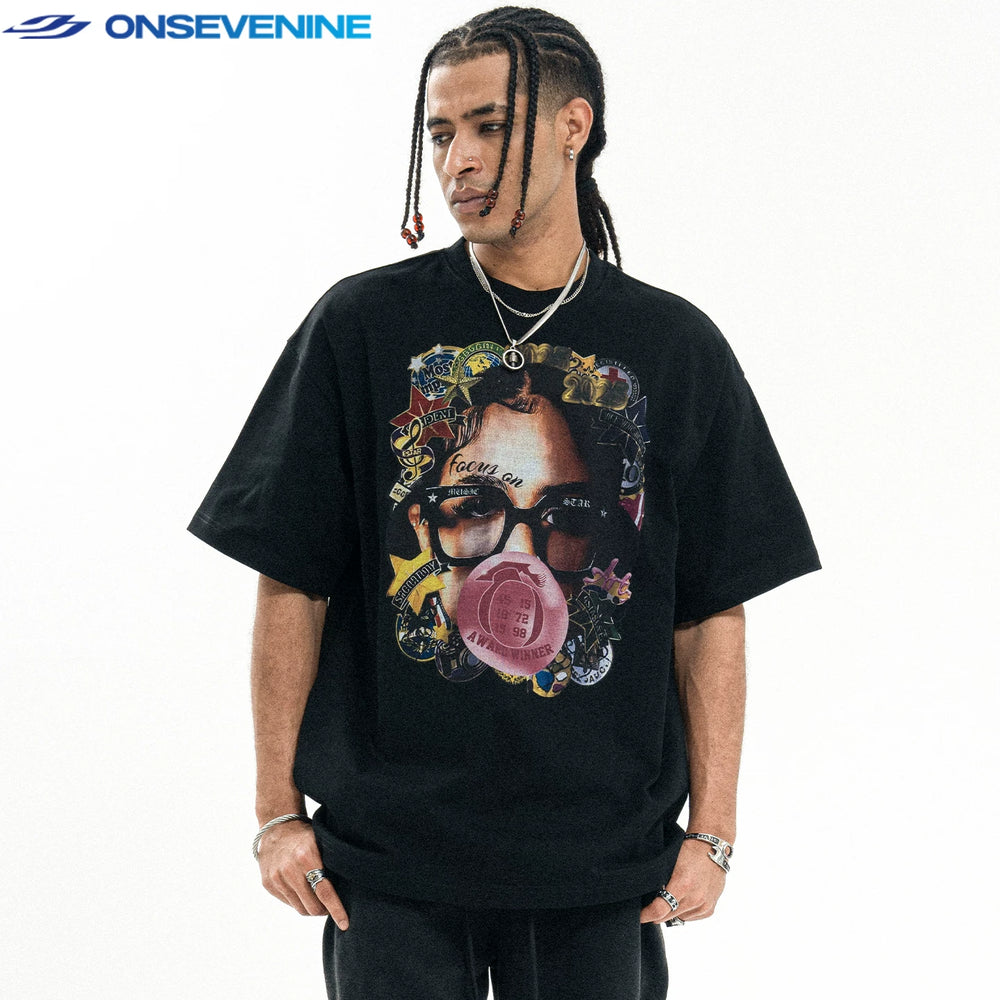 ONIVENINE American fashion brand short sleeved T-shirt for men and women in summer, direct spray printed loose cotton 300g small collar