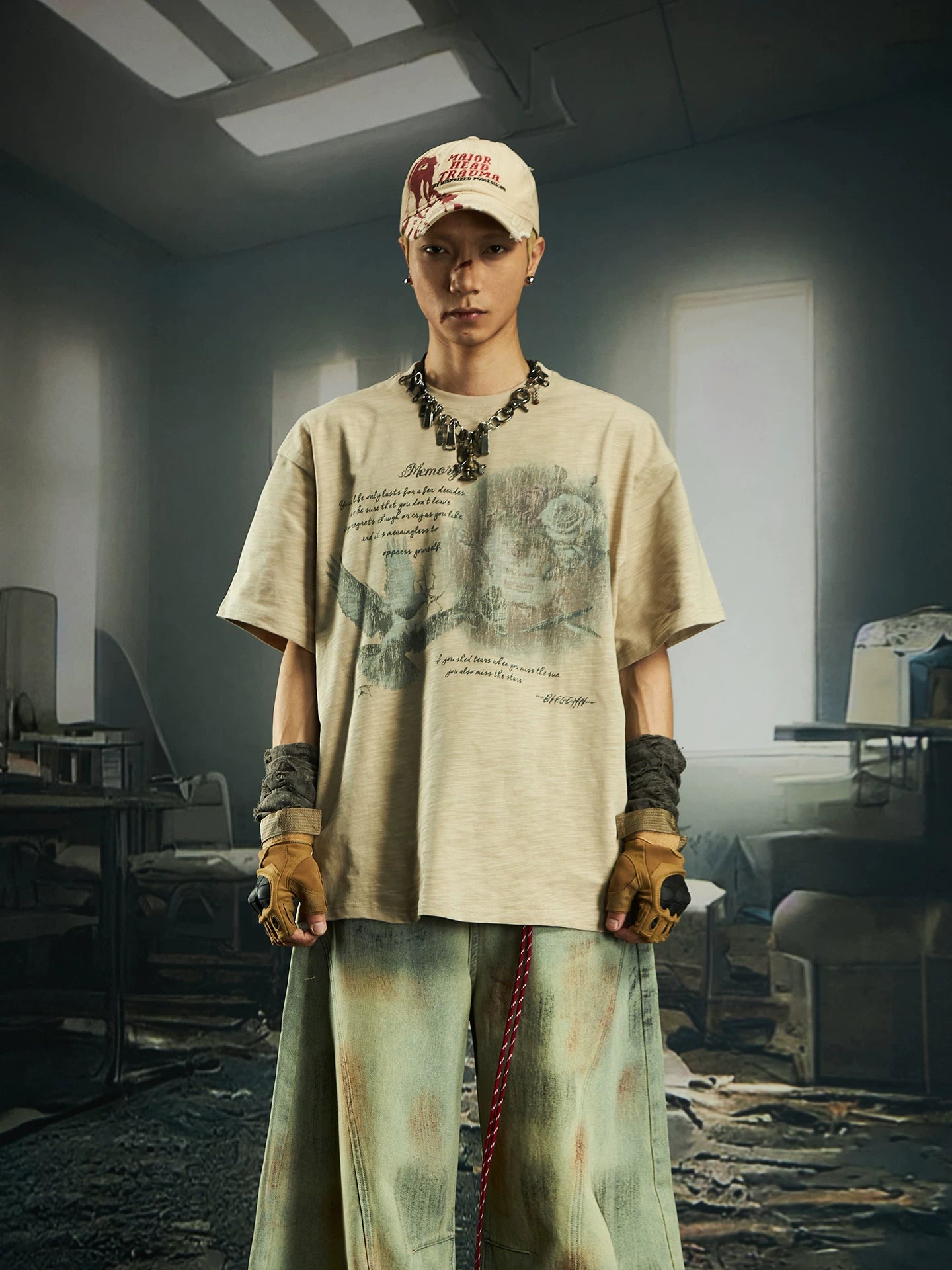 NOMANIAI Printed Crew-Neck Short-Sleeve Loose-Fit Breathable Cotton T-Shirt.