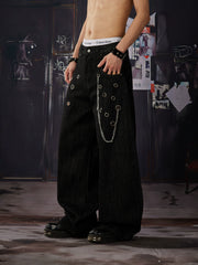 NOMANIAI Y2K Cut-out Metal Wide-Leg Curved-Seam Jeans with Detachable Chain.