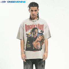 ONS VENINE American washed retro gradient 280g small collar short sleeved T-shirt men's summer loose street hip-hop