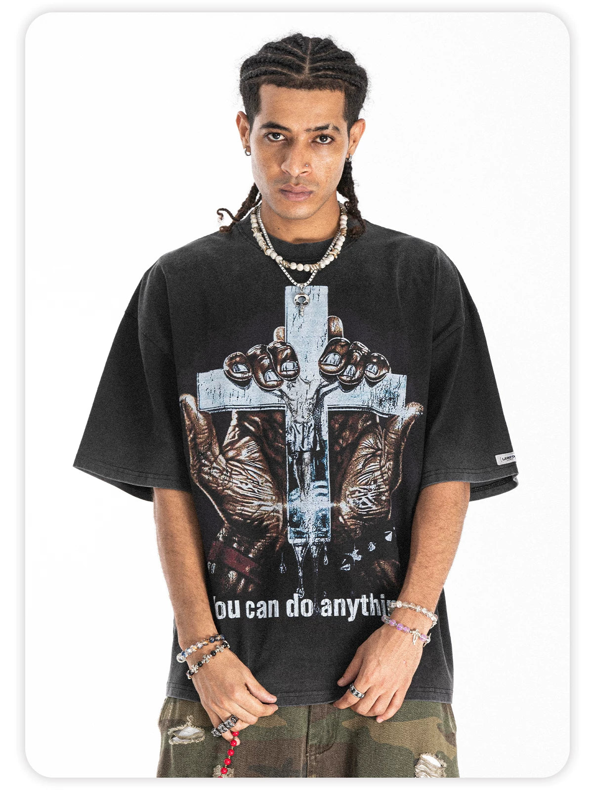 ONSEVENINE Men's American-style streetwear acid-wash distressed T-shirt