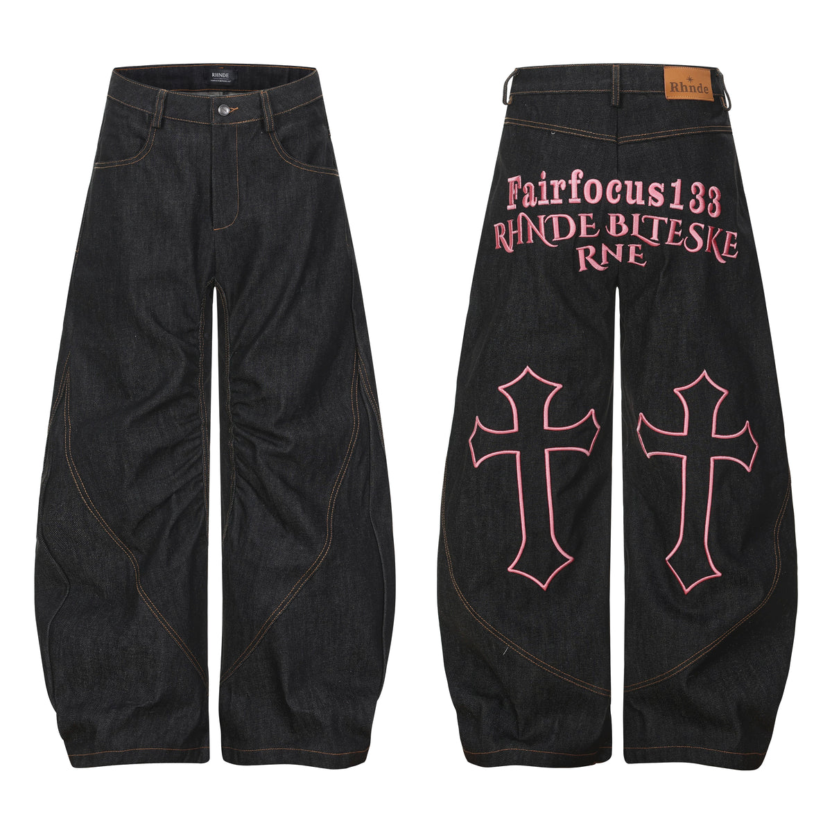 NOMANIAI Heavy-duty embroidered color-block pleated curved-seam jeans.