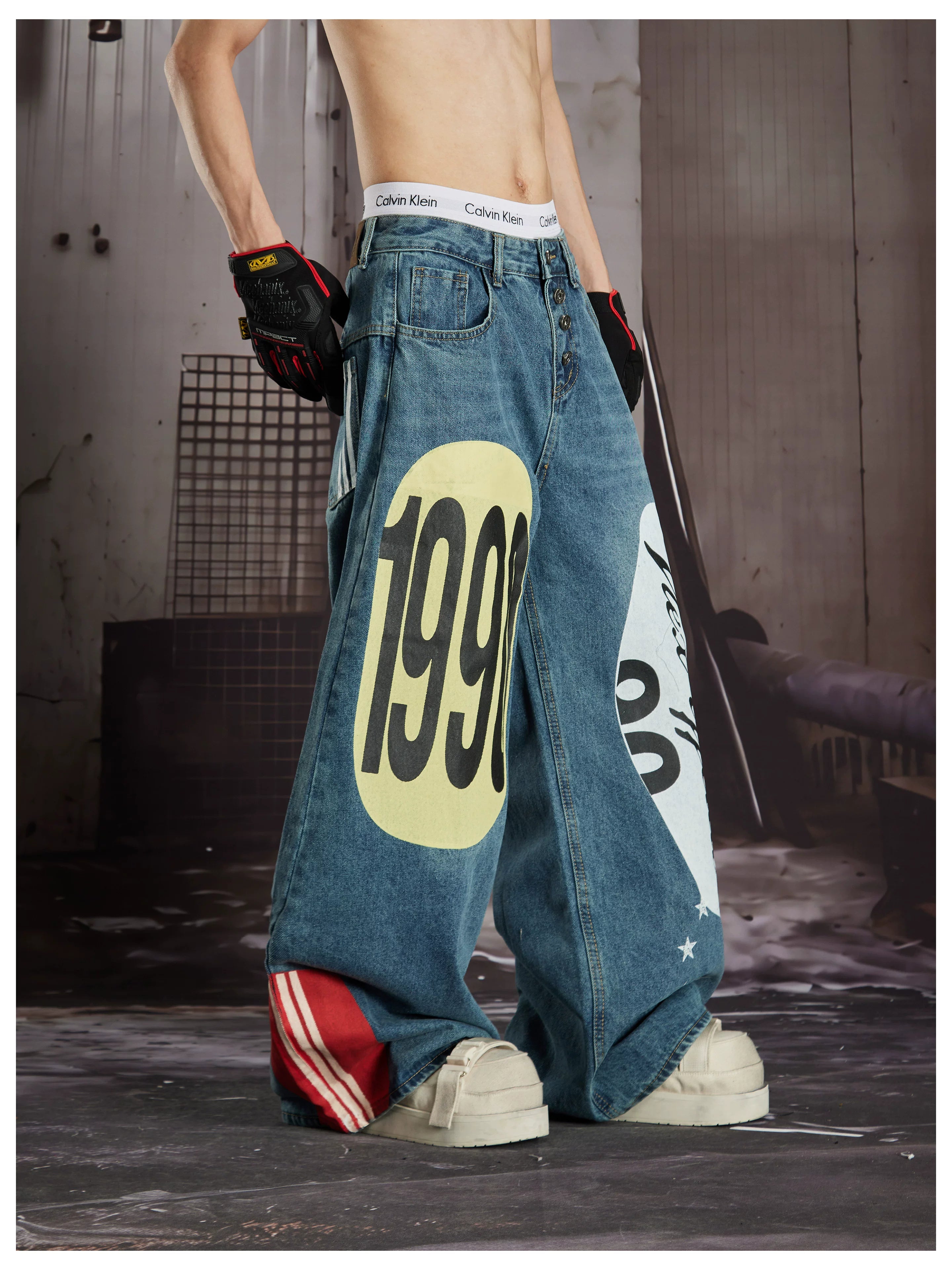 NOMANIAI  Trendy Street-Style Retro Loose-Fit Wide-Leg Curved-Cut Jeans.