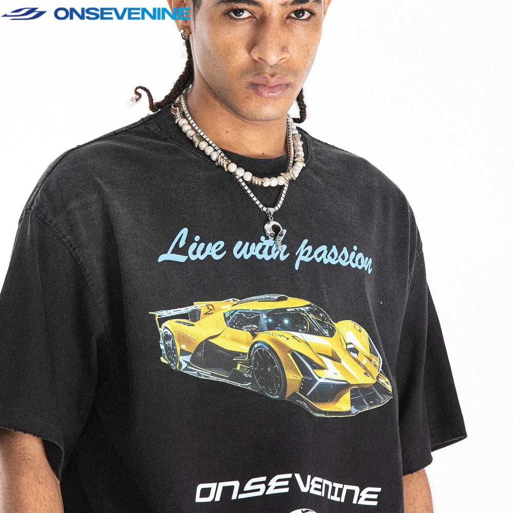 ONS EVENT American Street Washed Vintage Gradient Loose Small Collar Short sleeved T-shirt for Men and Women Summer