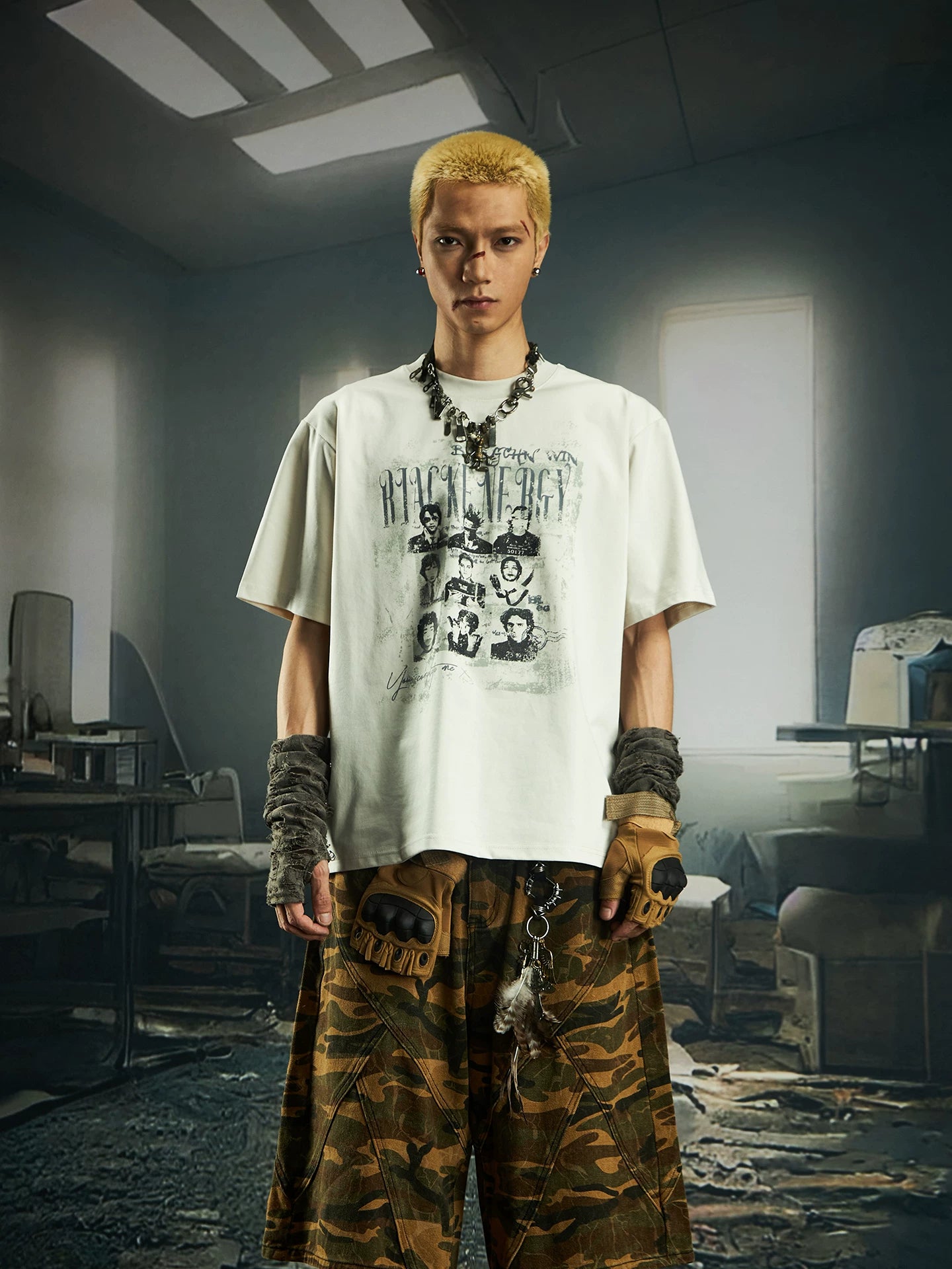 NOMANIAI Retro-print loose-fit casual streetwear T-shirt.