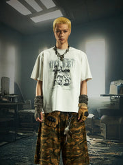 NOMANIAI Retro-print loose-fit casual streetwear T-shirt.