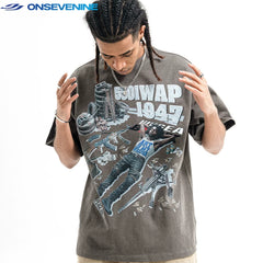ONIVENINE American High Street Oversized Short sleeved Men's T-shirt Loose Small Collar 300g Heavy duty Cotton Women
