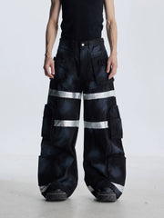 NOMANIAI Heavy-duty streetwear wide-leg denim trousers.
