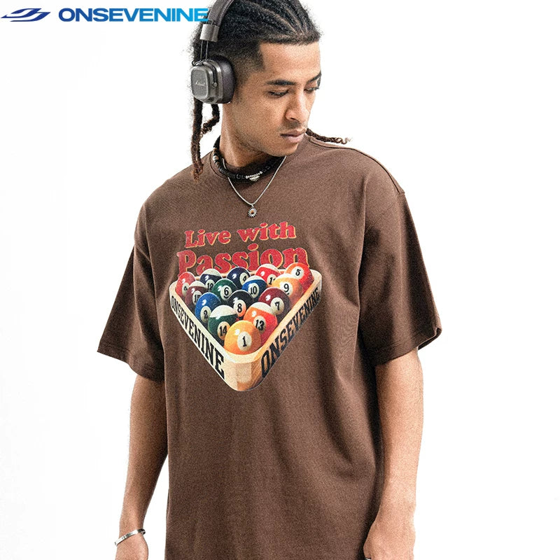 ONSEVENINE China-Chic 300g small neckline American street high street ins fashion brand loose short sleeve T-shirt men's summer
