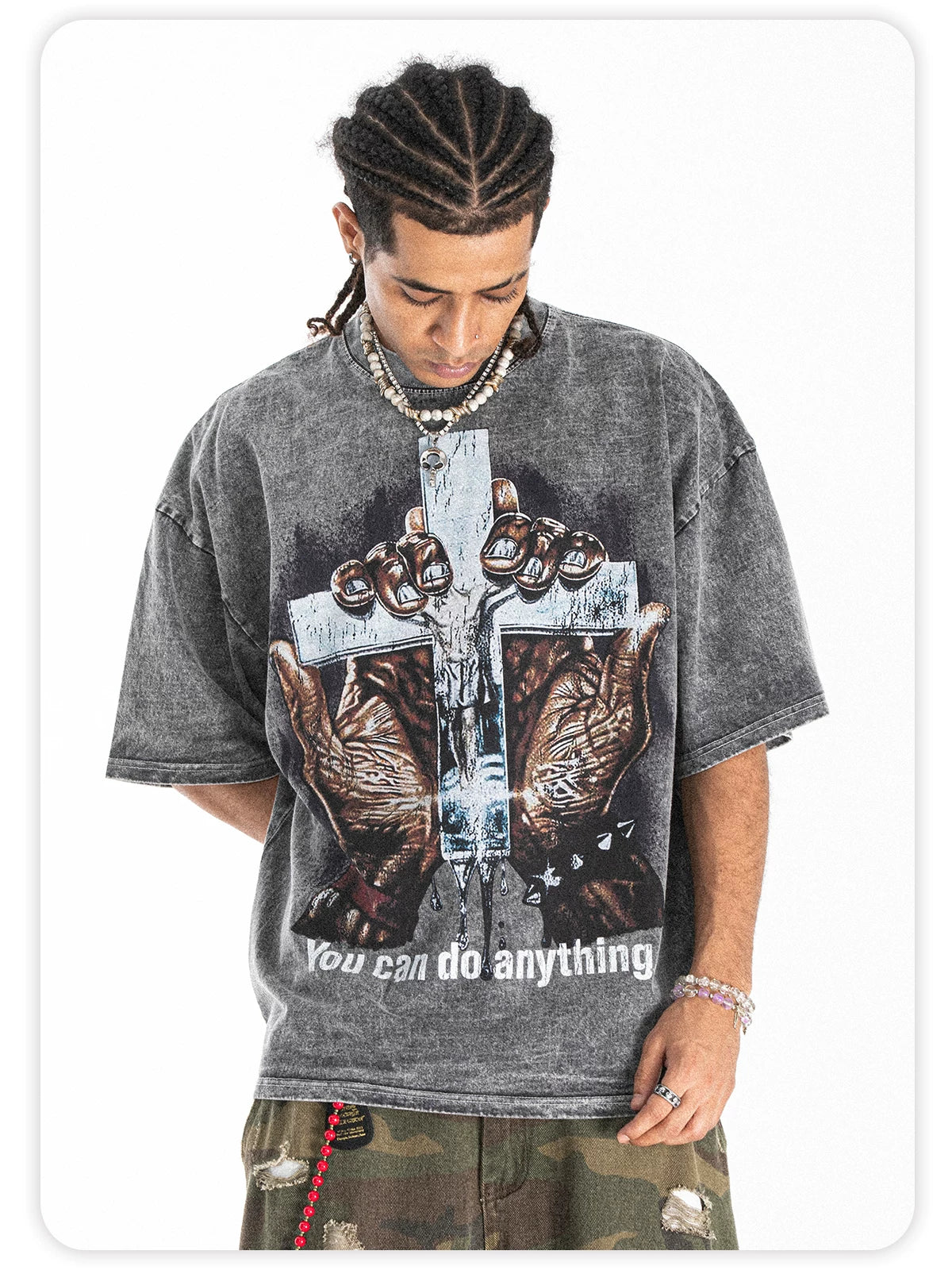 ONSEVENINE Men's American-style streetwear acid-wash distressed T-shirt