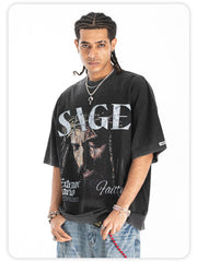 ONSEVENINE American-style washed and distressed short-sleeve T-shirt.