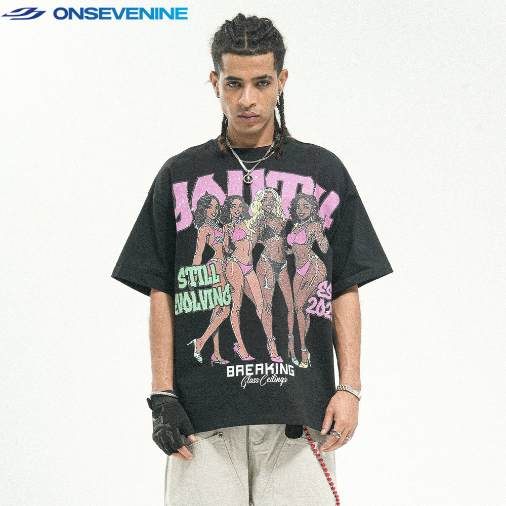 ONSEVENINE American street weight pure cotton 300g small neckline short sleeve T-shirt for men and women in summer China-Chic loose