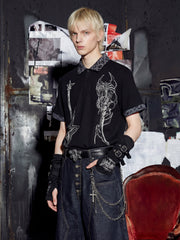 NOMANIAI Oversized Leopard-Print Polo Shirt with Punk Guitar Graphic.