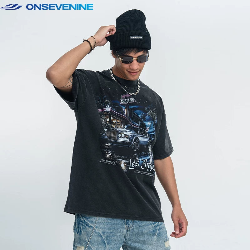 ONIVENINE White Ink Direct Spray Printed American Trendy Brand Washed Vintage Small Collar Short Sleeve T-shirt