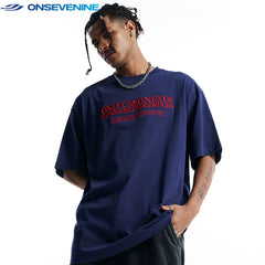 ONSEVENINE China-Chic 260g Small Neckline Heavy Weight Cotton Embroidery Letters Loose Short Sleeve T-shirts for Men and Women Summer