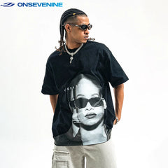 ONS EVENT Original Trendy Brand American Street Small Collar 300g Pure Cotton Printed Short sleeved T-shirt for Men and Women in Summer