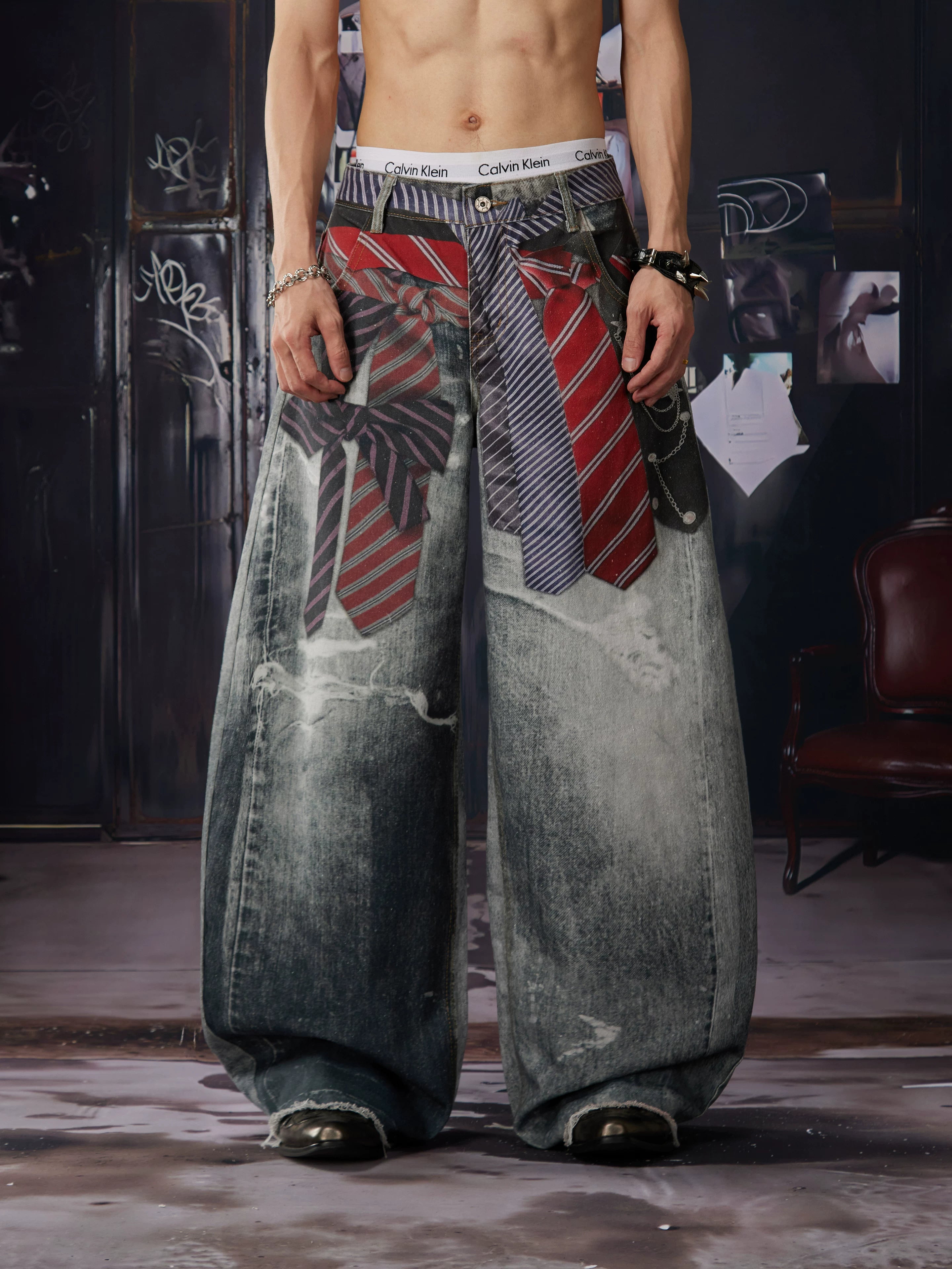 NOMANIAI 3D-printed color-block tie-detail layered wide-leg streetwear trousers.
