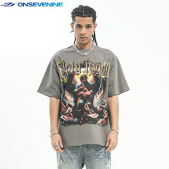 ONSEVENINE American Street Weight 300g Cotton Small Neckline Short Sleeve T-shirt Men's Summer Loose Hip Hop China-Chic