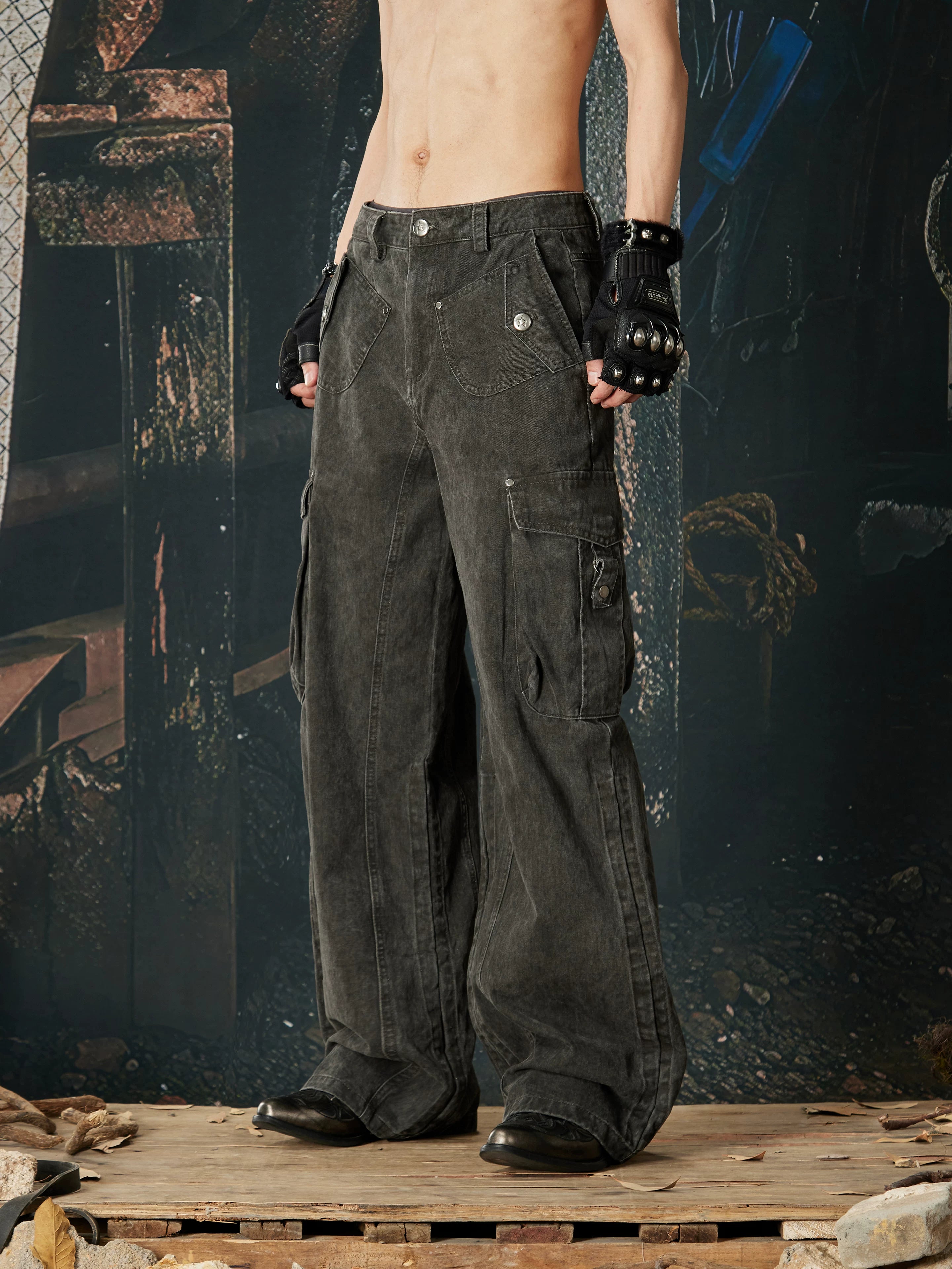 NOMANIAI Casual Streetwear Drawstring Multi-Pocket Cargo Pants.