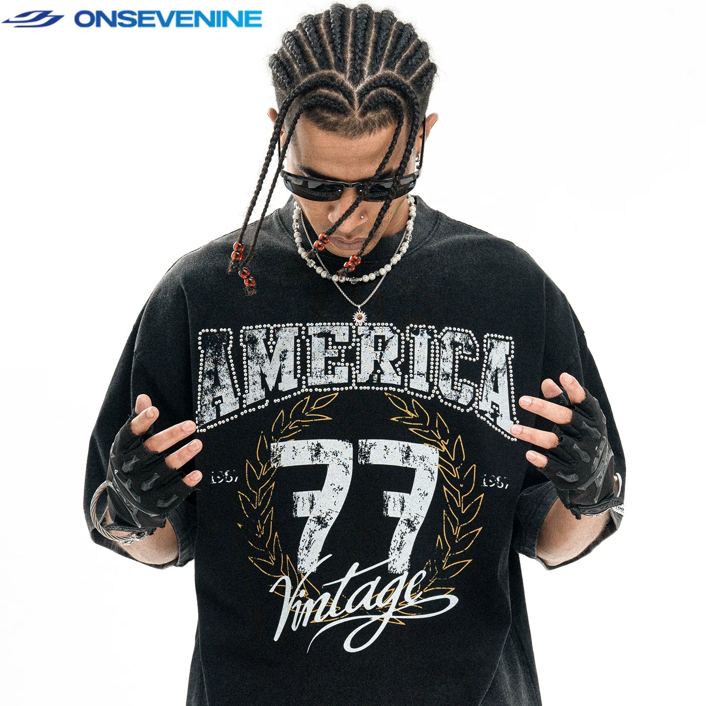 ONS EVENT Original Trendy Brand American Retro Washed, Used, Hot Diamond Made Pure Cotton Short sleeved T-shirt for Men Summer Loose Ins