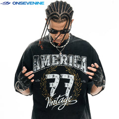 ONS EVENT Original Trendy Brand American Retro Washed, Used, Hot Diamond Made Pure Cotton Short sleeved T-shirt for Men Summer Loose Ins