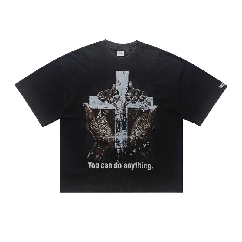 ONSEVENINE Men's American-style streetwear acid-wash distressed T-shirt